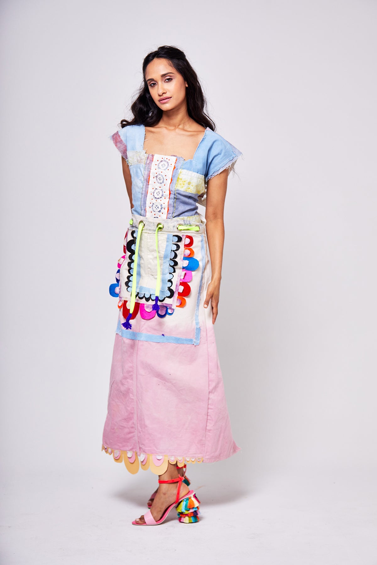 Multi-Colored Denim Maxi Skirt